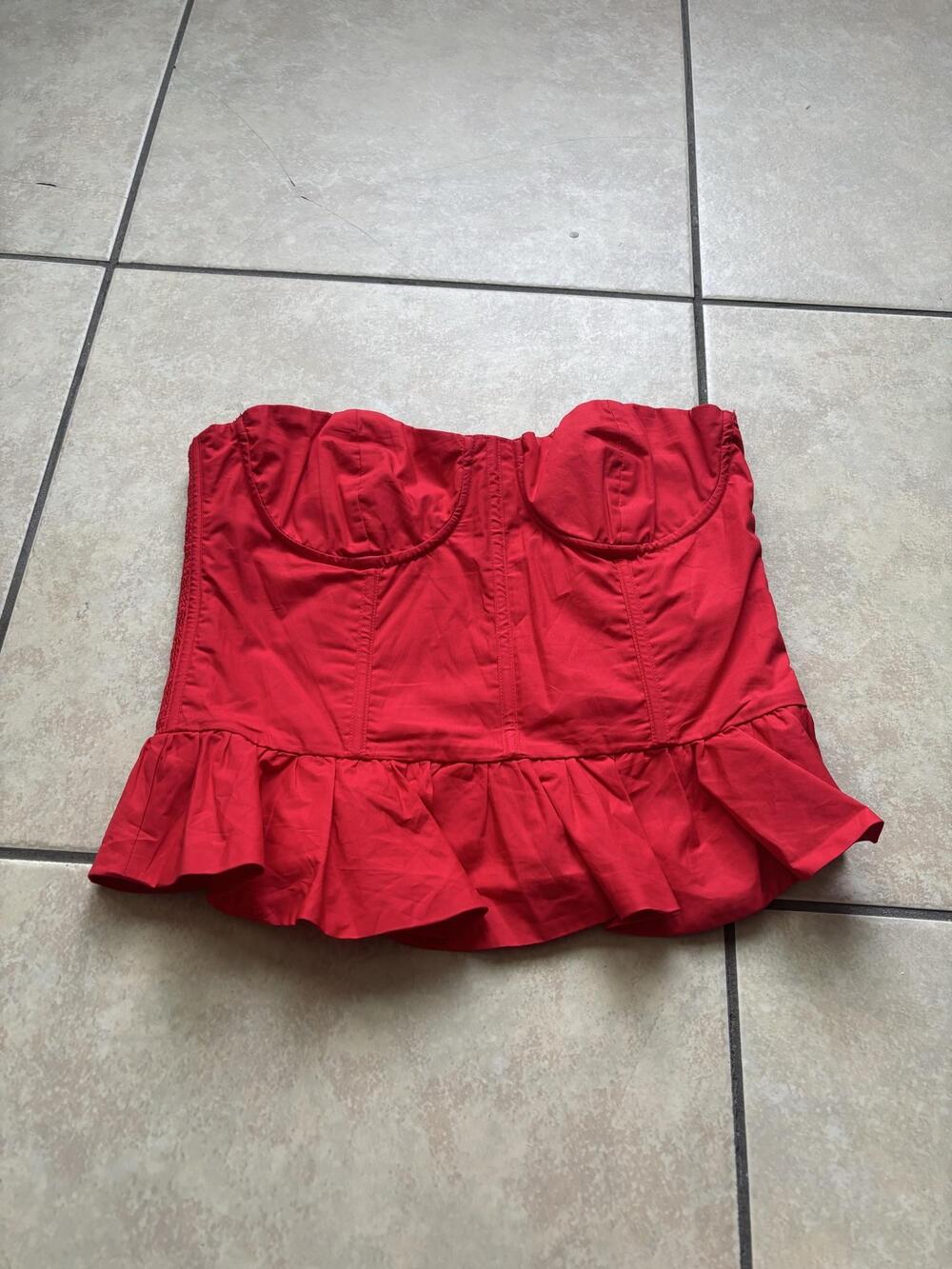 Olivaceous Blouse Womens Large Red Strapless Peplum Bustier Cropped Top Party
